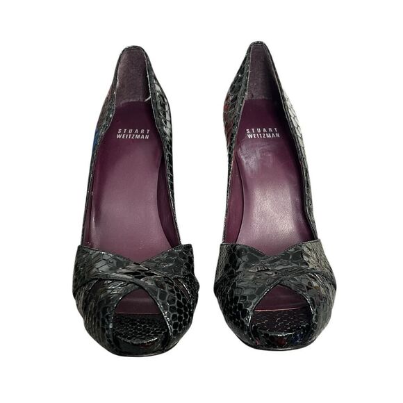 Stuart Weitzman Shoes 8.5 Black Reptile Snake Pumps Heels Peep Toe 8 1/2 - Picture 3 of 5